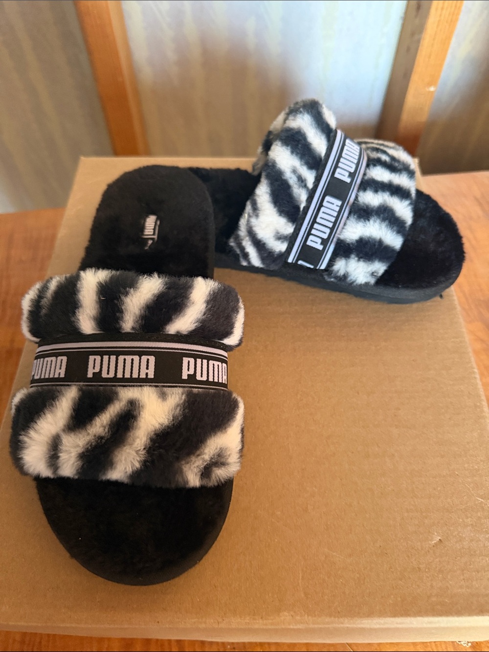 Puma Kids Black & White Zebra Fuzzy Slide Sandals